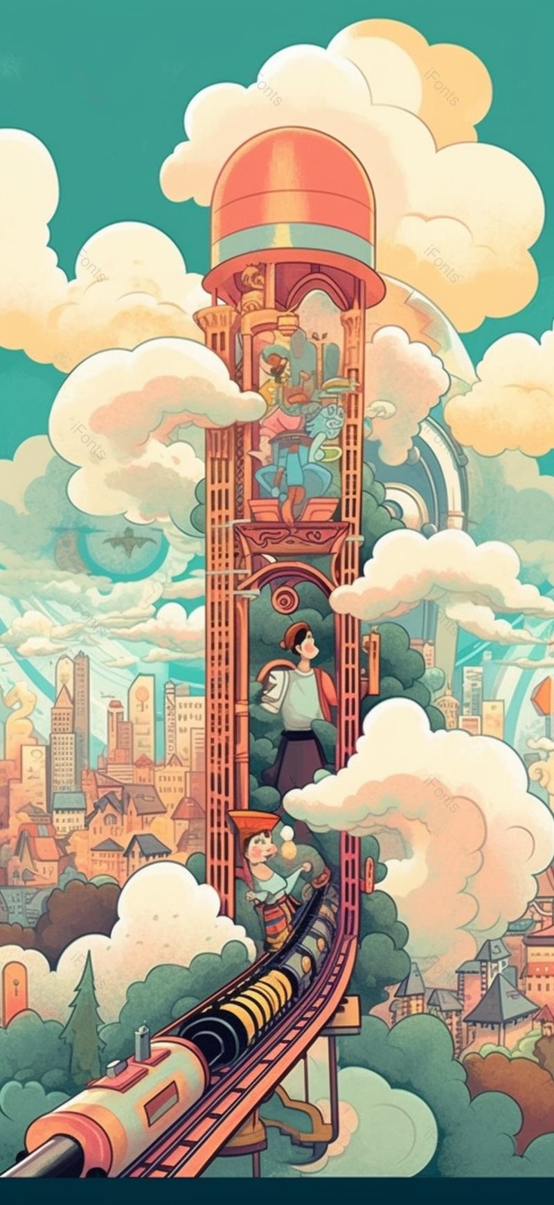 六一儿童节自然天空云层梦幻童话游乐场过山车多彩插画,插画/手绘图,插画/手绘图库,插画/手绘图下载,插画/手绘